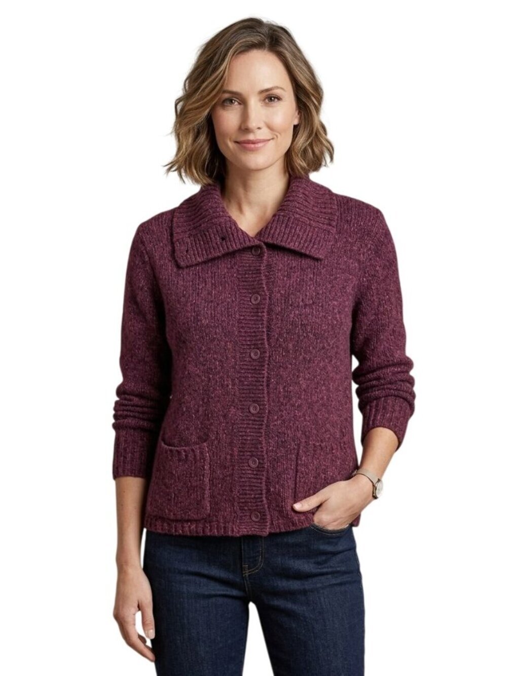 Eileen Fisher Burgundy Heather Wool Italian Yarn Blend Cardigan Sweater Size L